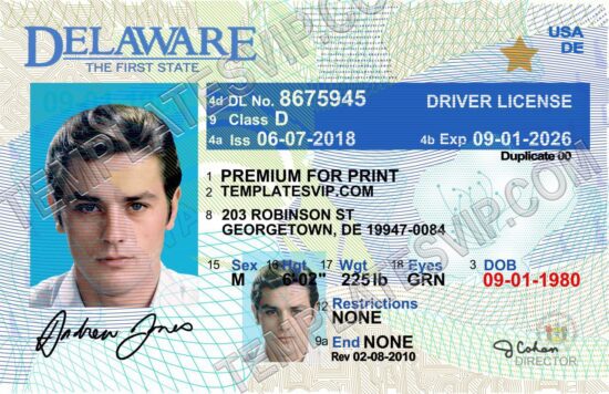 Delaware (DE) – Drivers License PSD Template Download