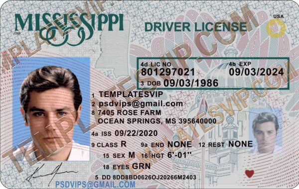 Mississippi MS Drivers License PSD Template Download 2022 