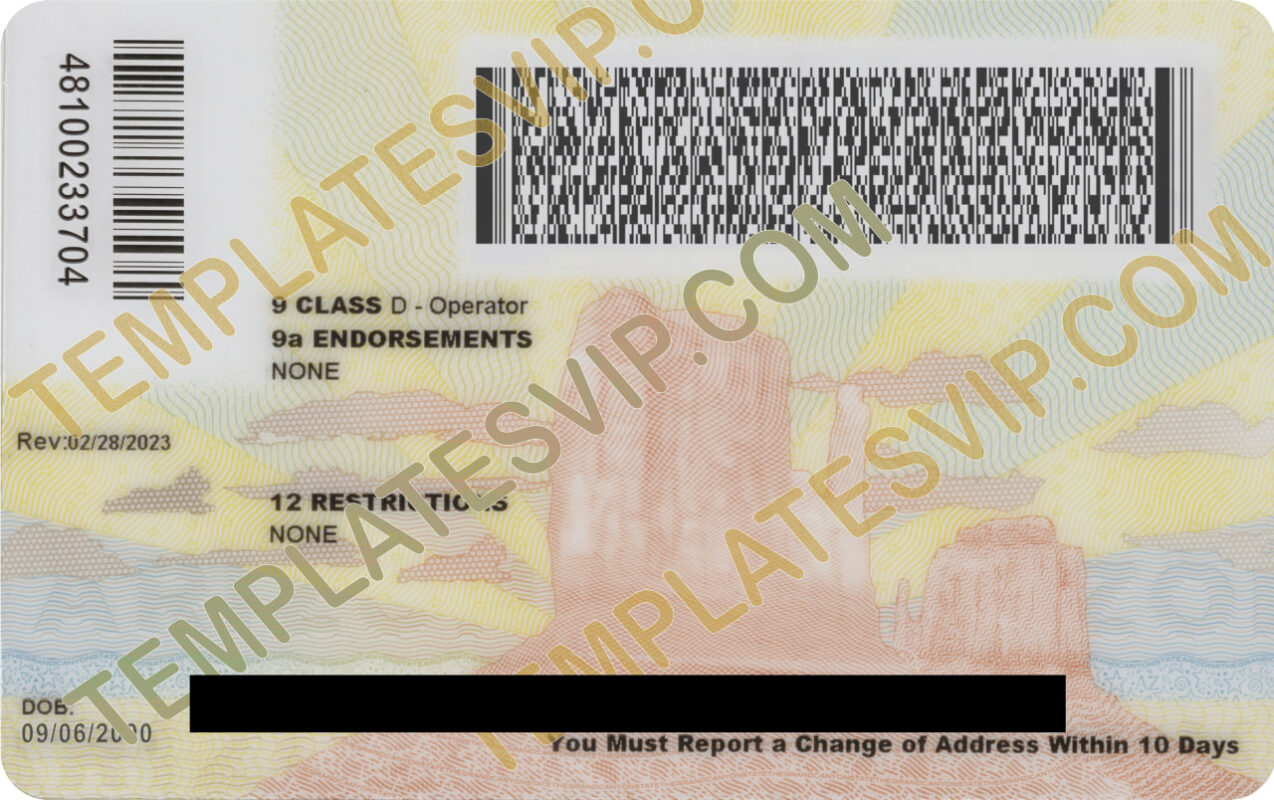 Templates 2023 Templates Drivers Licenses Premium   Arizona AZ – Drivers License PSD Template Download 2023 V2 BACK 1274x800 